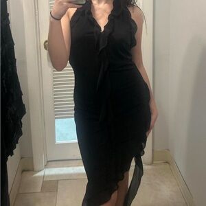 Elegant Black Ruffle Halter Dress